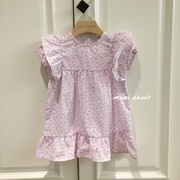 80-110韩国童装女童紫色碎花荷叶边泡泡袖纯棉单层连衣裙