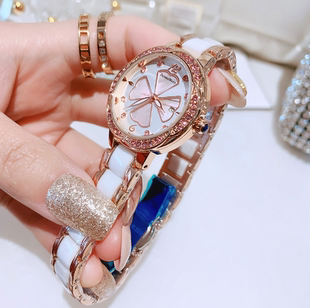 玫瑰金陶瓷手表女名表十大品牌送女友幸运四叶草夜光水钻气质腕表