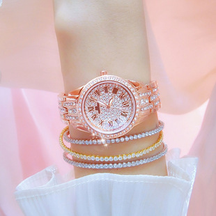 BS手表复古风女士时装百搭链表粉色轻奢满钻女表