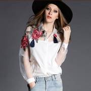 欧根纱高端衬衫2023春夏季刺绣花衬衣，网纱重磅气质长袖白衬衫