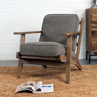 北欧做旧实木沙发咖啡厅亚麻扶手椅
