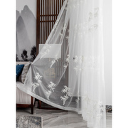 新中式窗纱中国风竹子纱帘，透光刺绣白纱，禅意茶室客厅书房窗帘定制