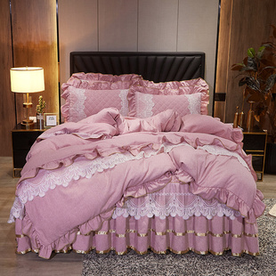 欧式夹棉四件套床裙公主，风床罩床单全棉磨毛加厚裸睡床上被套粉色