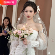 法式头纱新娘主婚纱森系花朵仙美旅拍照跟妆造型结婚领证求婚头饰