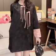 新中式黑色醋酸雪纺连衣裙女设计感国风盘扣衬衫裙宽松缎面直筒裙
