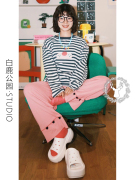 韩版卡通酷猫长袖睡衣女款，2024春款家居服t恤粉色长裤ins套装