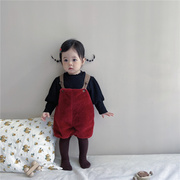 韩国童装婴儿仿貂绒加厚背带裤冬季宝宝坑条加绒打底衫洋气外出服