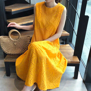 韩国chic夏季优雅气质圆领，显瘦重工蕾丝钩花缕空宽松连衣裙长裙女