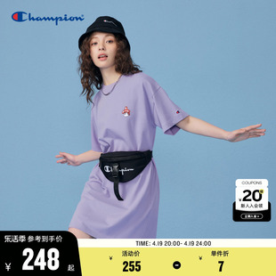 Champion冠军t恤裙女2024春夏潮牌纯棉紫色多巴胺短袖白色连衣裙