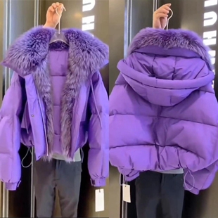紫色毛领棉服女装冬季高级感炸街设计感洋气连帽加厚棉衣外套