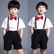 男童白色短袖衬衫西裤黑短裤，套装红领结表演服儿童花童礼服演