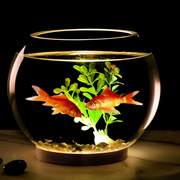 加厚孔雀玻璃鱼缸办公桌面圆形，小型创意斗金鱼缸，客厅夜灯迷你摆件