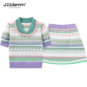 九州诚品/JZZDEMM时尚针织套装女夏薄款香芋紫镂空纹路短裙两件套