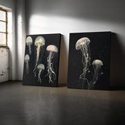 jellypaint原创手绘《自由水母》设计师极简黑白油画，艺术落地画