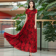 夏季圆领长款大摆雪纺连衣裙修身显瘦气质优雅红色长裙阔太太
