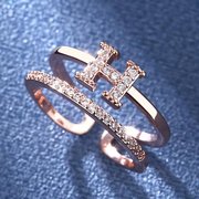 韩版时尚H字母镶钻戒指女简约小众设计高级感甜美气质玫瑰金指环