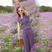 2023夏季紫色温柔系女士t恤短袖高腰窄版阔腿裤港风休闲两件套装