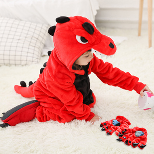 红恐龙儿童卡通动物连体，睡衣套装秋冬款如厕版男女孩宝宝家居服