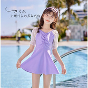 日本泳衣儿童连体蕾丝网纱女童公主夏短袖游泳衣学生小中大童泳装