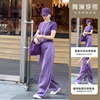 春装搭配一整套时尚2024韩版紫色，圆领套头t恤阔腿裤两件套女
