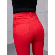 高货红色牛仔裤女2024年夏季薄款高腰，修身显瘦小脚休闲裤直筒铅笔