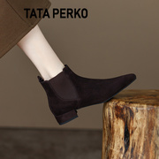 TATA PERKO联名粗跟尖头马丁靴女平底短靴英伦风一脚蹬及裸靴