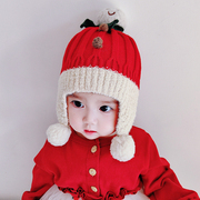 婴儿圣诞帽秋冬款保暖男女宝宝，护耳加厚毛线帽子红色可爱超萌童帽