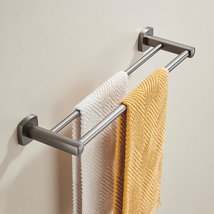 全铜双杆毛巾架免打孔毛巾杆卫生间浴室挂杆浴巾架水镀灰置物架
