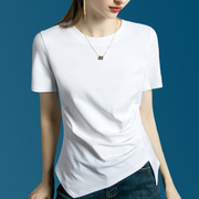 圆领褶皱收腰短袖T恤女夏季2024修身设计感不规则开叉打底衫