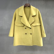 冬长袖双面呢女士西装，大衣双排扣黄色宽松纯色，通勤100绵羊毛