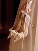 蝴蝶结婚鞋闪钻法式新娘鞋女猫跟婚纱照高跟鞋仙女风细跟订婚鞋子