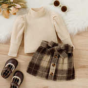 欧美跨境女小童秋冬高领棉质长袖磨毛格子短裙两件套套装