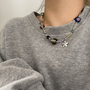 vintage少女多元素水晶彩色琉璃项链小众设计串珠花朵锁骨毛衣链