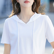 连帽短袖t恤女夏季韩版女士纯色带帽休闲上衣女半袖大码宽松体恤