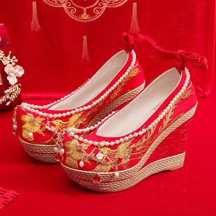 古风汉服鞋坡跟婚鞋新娘鞋秀和两穿中式婚礼高跟刺绣结婚鞋子红色