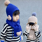 麒婧宝宝帽子冬儿童毛线，帽围巾手套套装，小童护耳套头帽婴儿针织帽