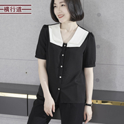 简约韩版撞色领宽松衬衫短袖雪纺衫，2024夏季女外穿小衫大码