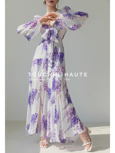 TOUCHIN 夜雨紫藤古朴美人法式连衣裙高级感气质显瘦开叉长裙