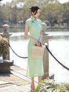 solenelara绿色旗袍女夏季少女，蕾丝改良小清新中国风连衣裙高级感