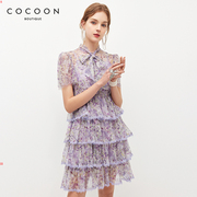 missCOCOON蕾丝连衣裙夏少女蝴蝶结系带领仙气紫网纱蛋糕裙
