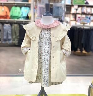 韩国中小童装 春女童宝纯棉刺绣圆领洋气花边风衣 韩版外套