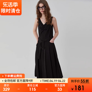 范洛2024夏季法式V领连衣裙女黑色高腰显瘦无袖A字中长款裙子