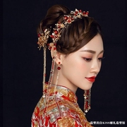 红色新娘中式古装头饰，流苏水钻发饰，复古婚礼秀禾服配饰