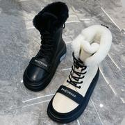 雪地靴女2023加绒冬季真皮厚底，防滑防水拼色休闲加棉短靴潮