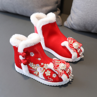 汉服鞋子女童冬季中国风拜年鞋，儿童红色棉靴古装，绣花鞋民族风靴子