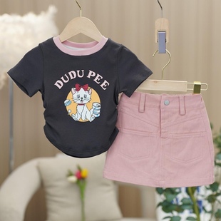 女童夏季休闲套装2023洋气小女孩，印花短袖t恤粉色短裙两件套