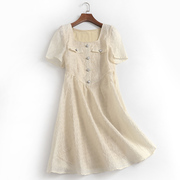 L205香风方领连衣裙女2023夏装肌理感米白色泡泡短袖法式裙子