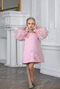 俄罗斯设计师手工女童，礼服裙可爱粉色花朵泡泡，长袖a字裙