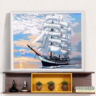 diy数字油画客厅风景，欧式海景帆船大幅数码手绘装饰画平安归来