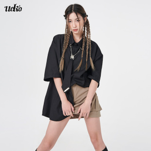 ueko美式黑色设计感小众，衬衫女叠穿中长款带领带夏潮牌小个子衬衣
